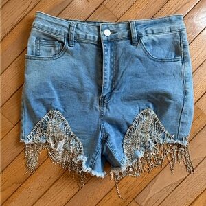 SHEIN Blue Denim Shorts with Crystal Fringe